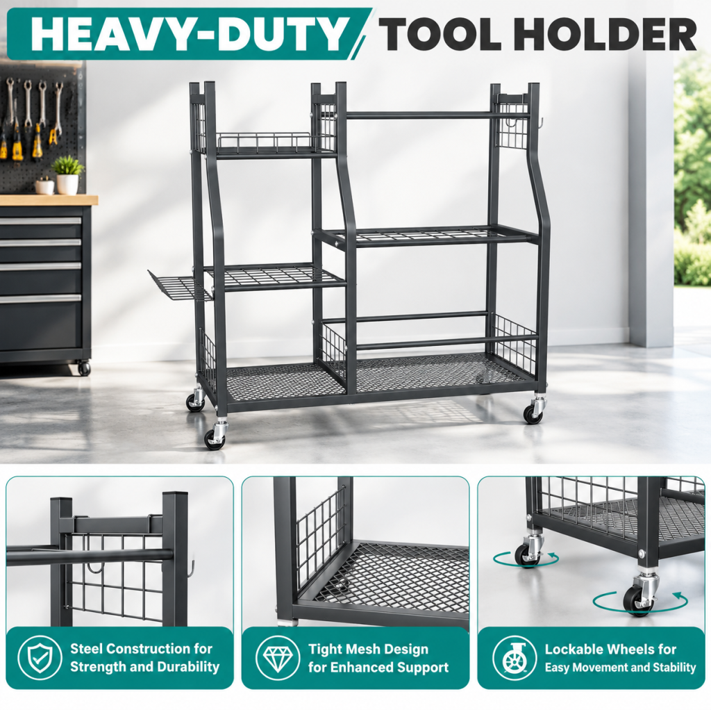 Garden Garage Tool Organizer with 4 Wheels Heavy Duty Metal Yard Storage Stand
