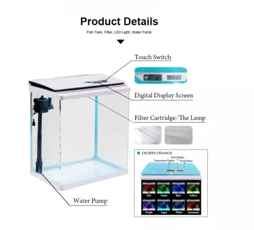 44L Aquarium Fish Tank with LED Light Silent water pump LCD Display Complete Set