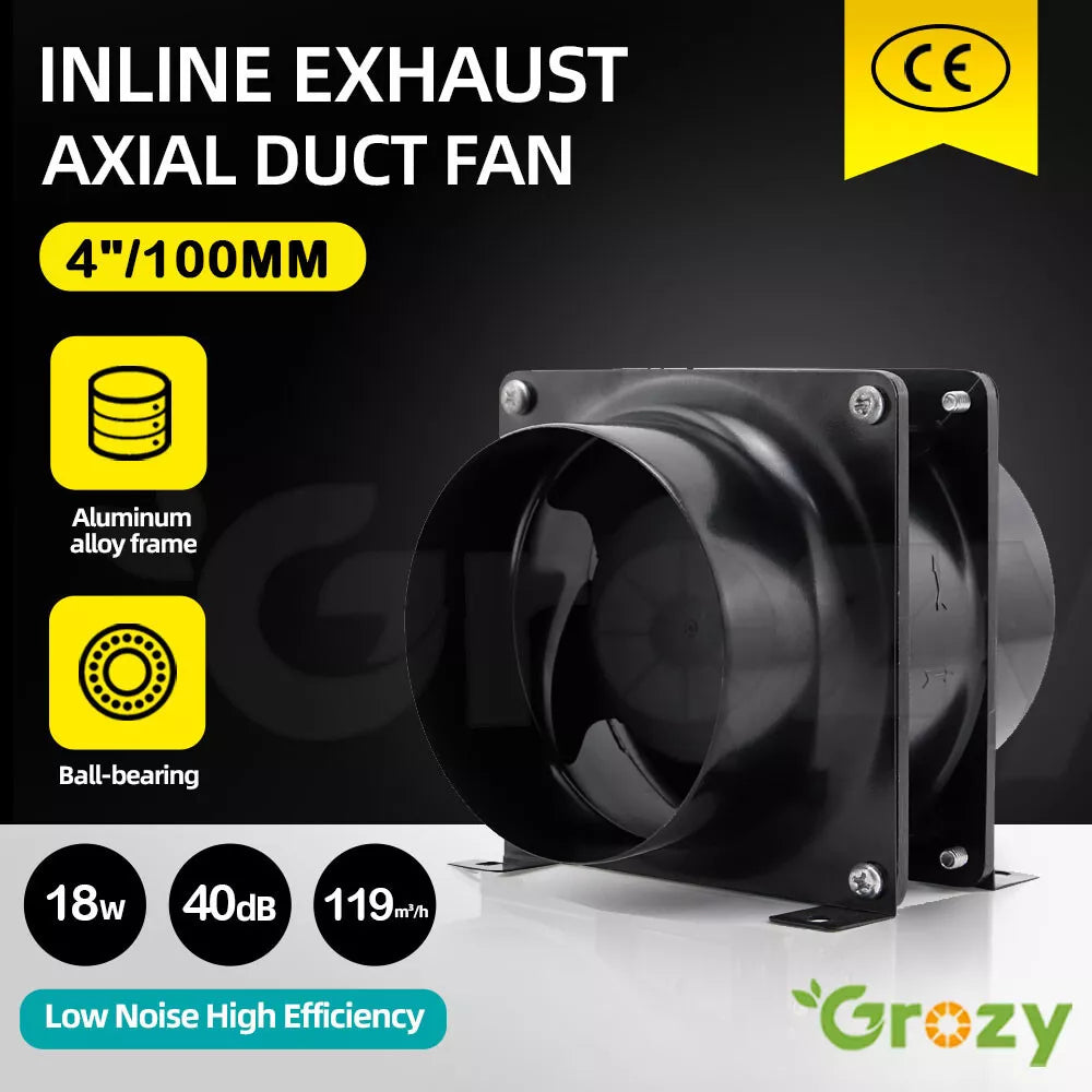 GROZY 4"/100mm Ventilation Kit Axial Fan Carbon Filter Duct Hydroponics Grow Tent Kit