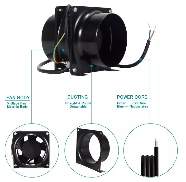 GROZY 4"/100mm Ventilation Kit Axial Fan Carbon Filter Duct Hydroponics Grow Tent Kit