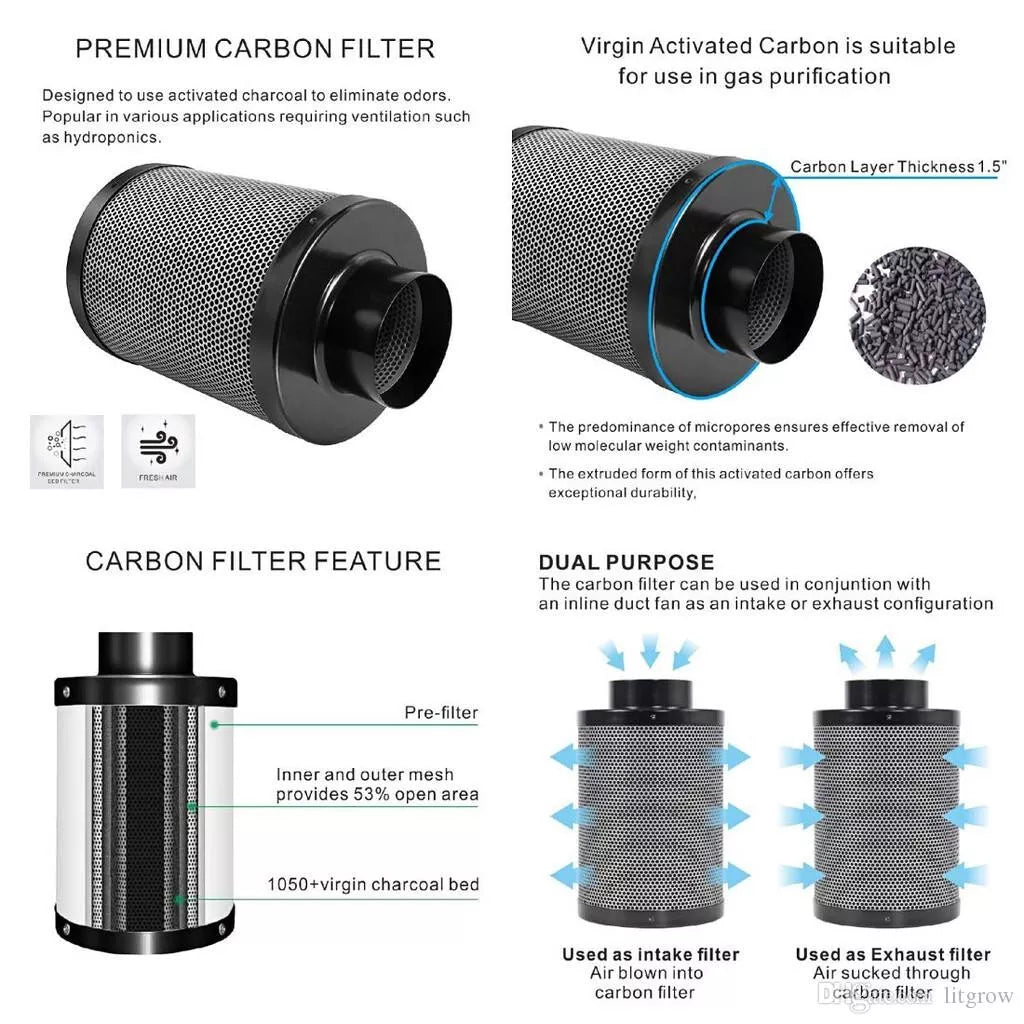 GROZY 6"/150mm Silent Axial Fan Carbon Filter Ducting Ventilation with Hose Clamps Kit