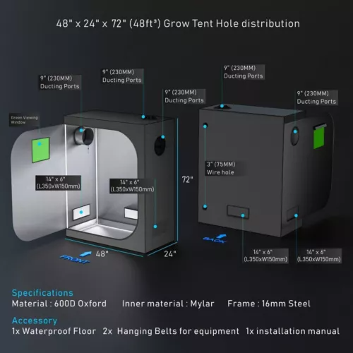 Grow Tent with Green Window for Hydroponics Grow System 120*60*180CM