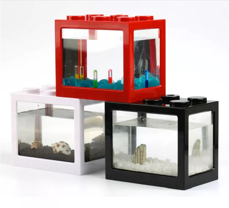1L Mini Aquarium Lego Block Desktop Small Clear Betta Fish Tank LED Light Office