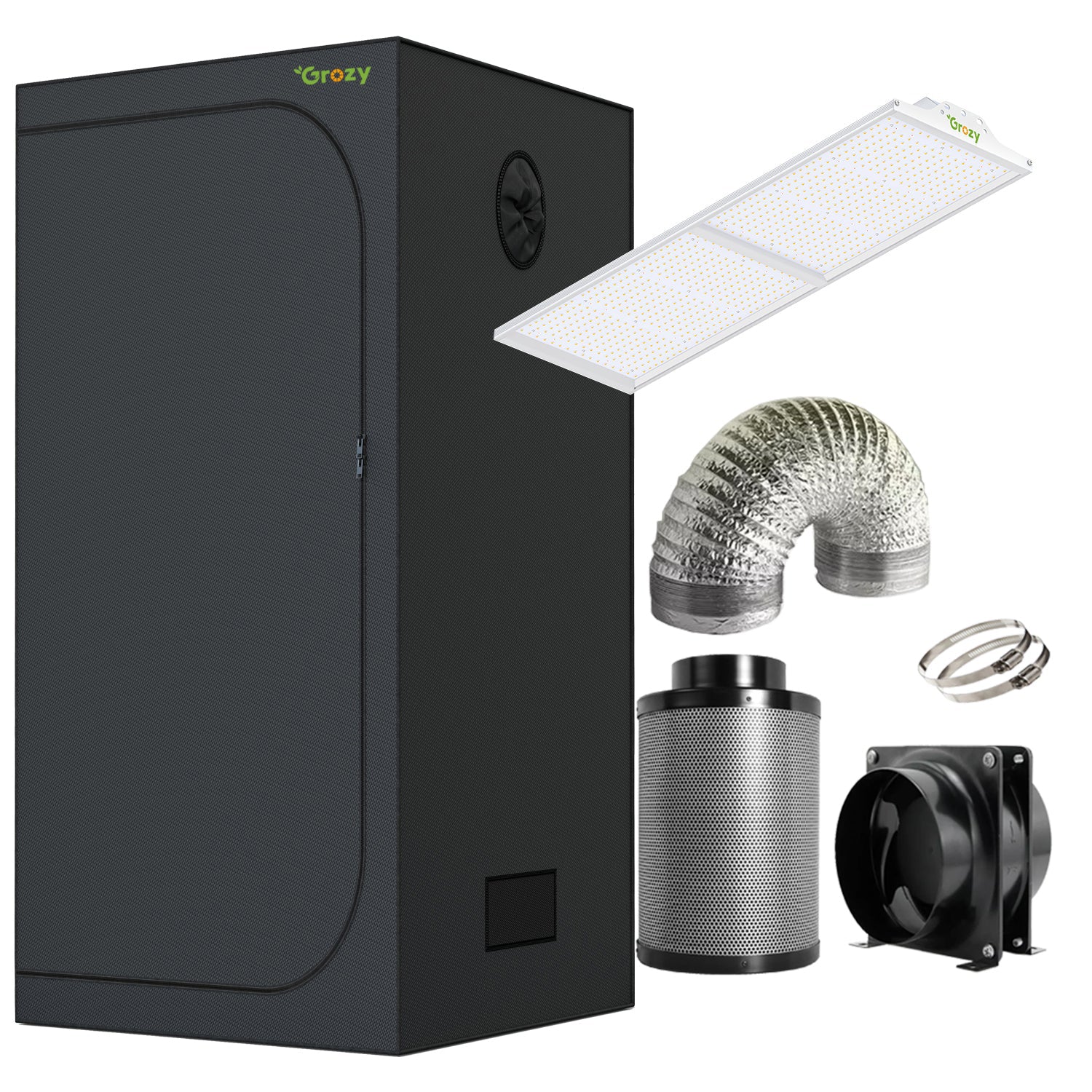 GROZY Model Q Series LED Grow Light Carbon Filter Ventilation Fan Kit Grow Tent Combo