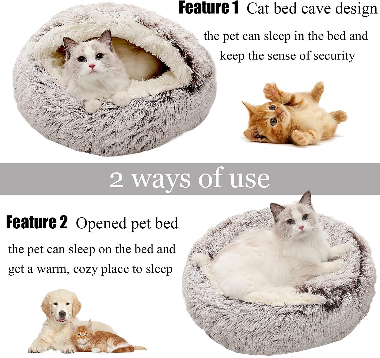 Pet Cat Calming Bed Cuddle Soft Warm Plush Cave Comfy Sleeping Nest Kitten House