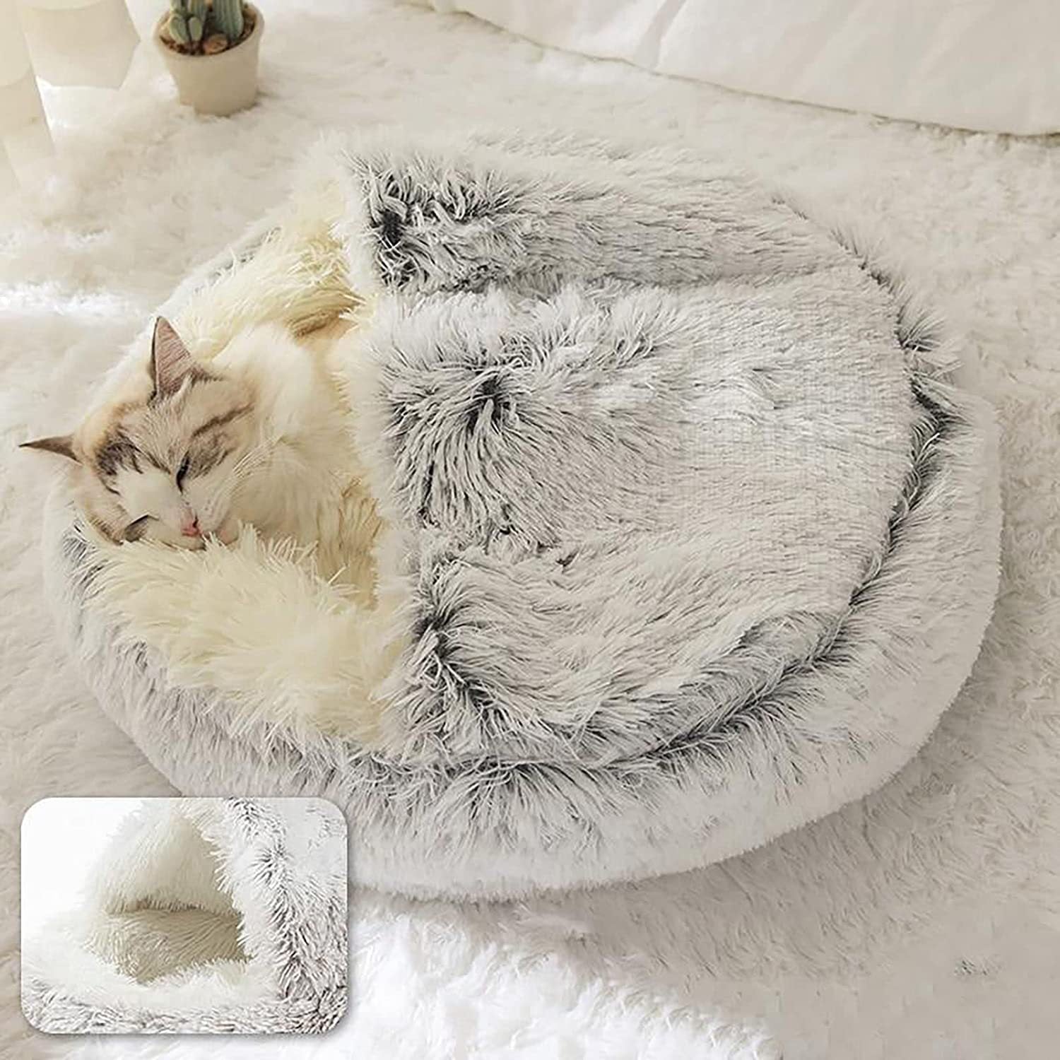 Pet Cat Calming Bed Cuddle Soft Warm Plush Cave Comfy Sleeping Nest Kitten House