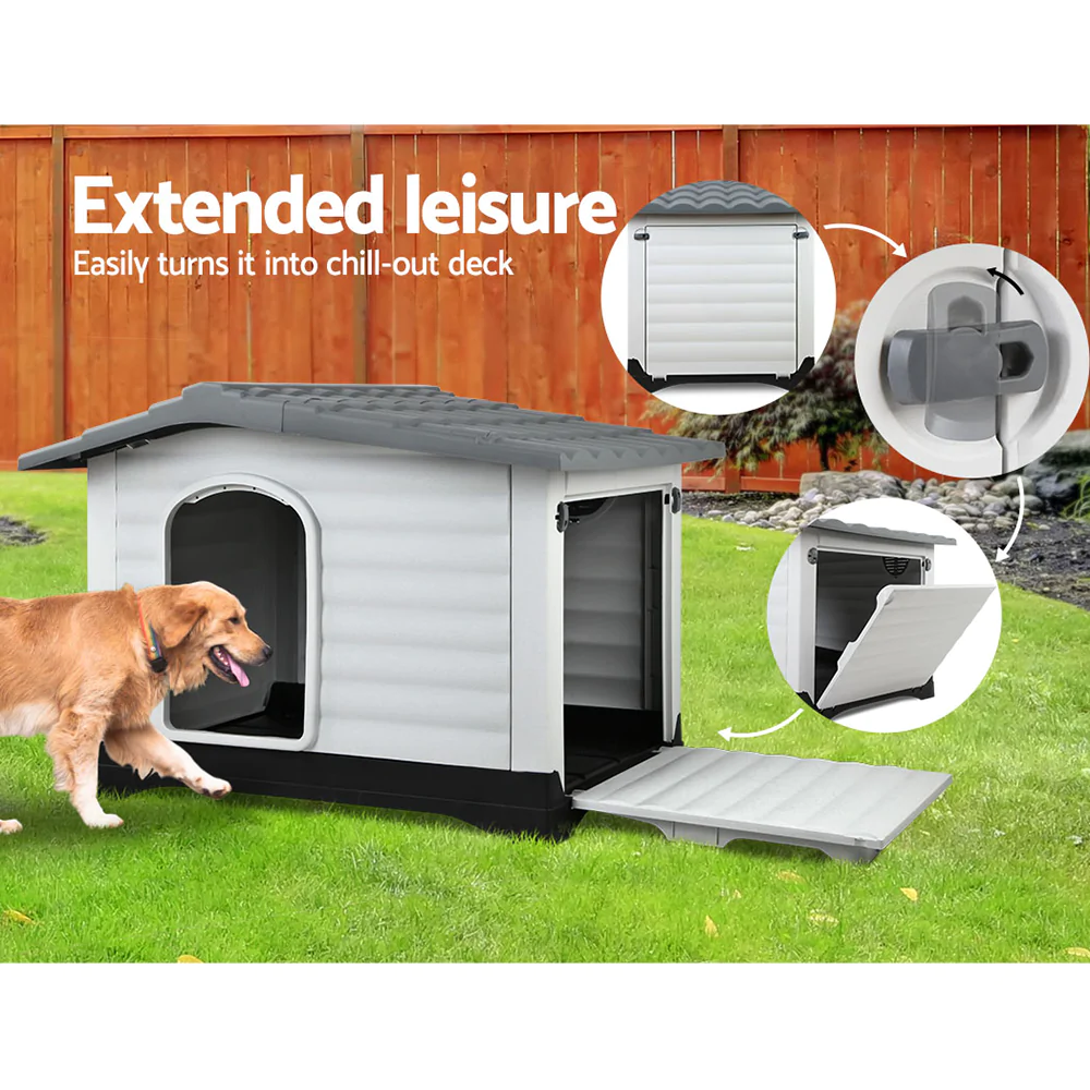 XXL Dog Kennel Outdoor Indoor Plastic Puppy Pet House Kennels Weatherproof Grey Color