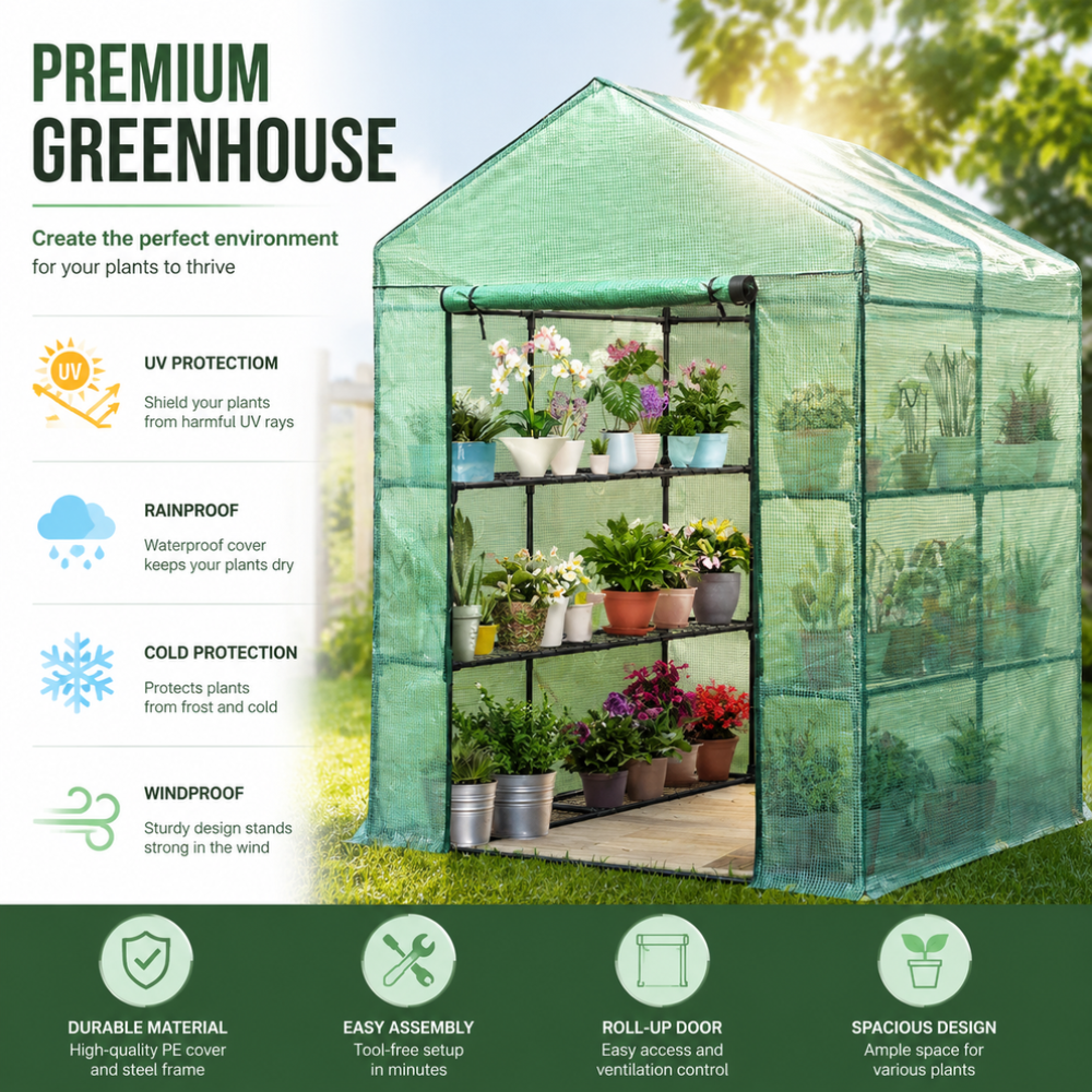 Greenhouse Garden Storage Shed Walk in Tunnel Green House 8 Shelves 2x1.5x1.5M