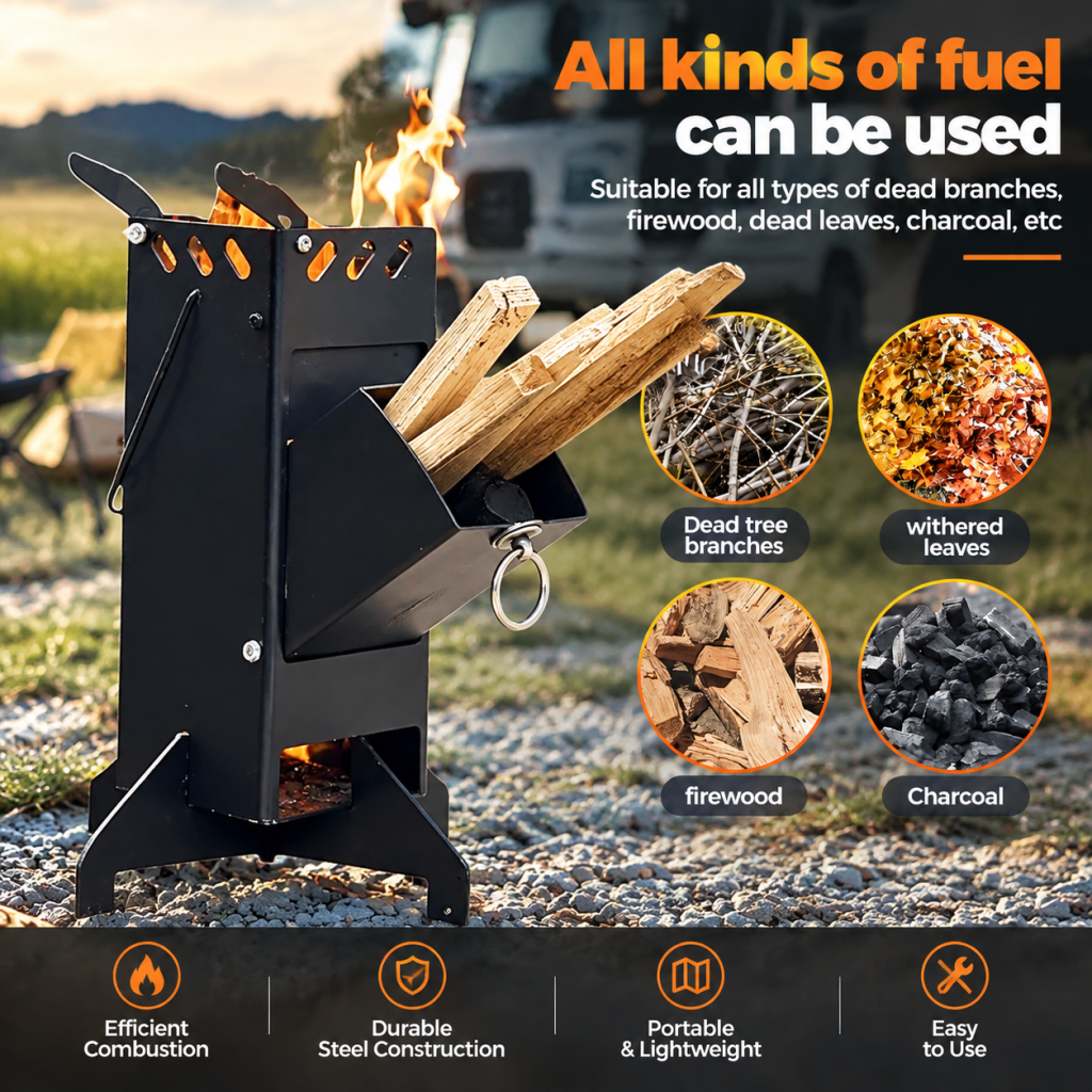 Rocket Stove Portable Wood Fire Burning Outdoor Camping Backyard Cooking BBQ