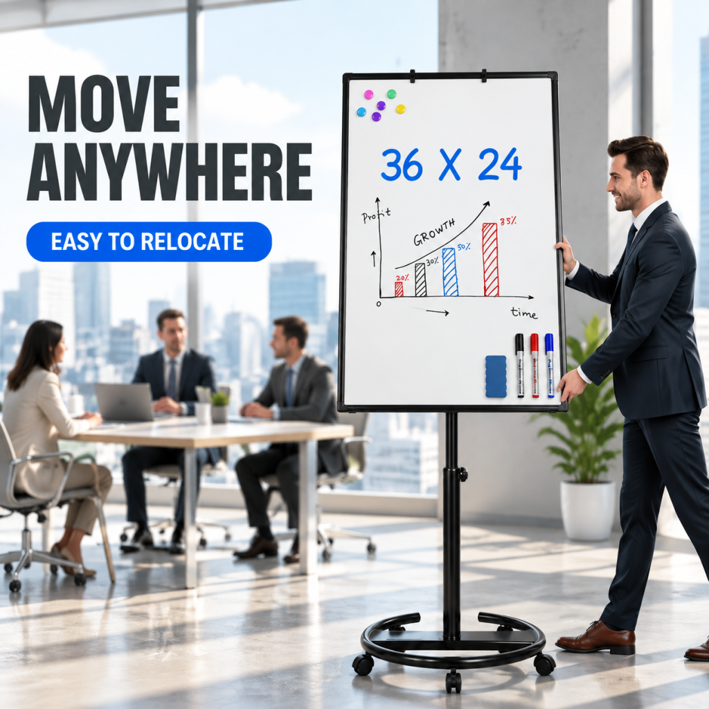 Magnetic Whiteboard Stand Rolling Round Base Adjustable Height Office Classroom