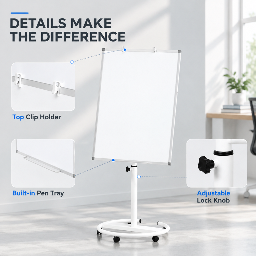 Magnetic Whiteboard Stand Rolling Round Base Adjustable Height Office Classroom