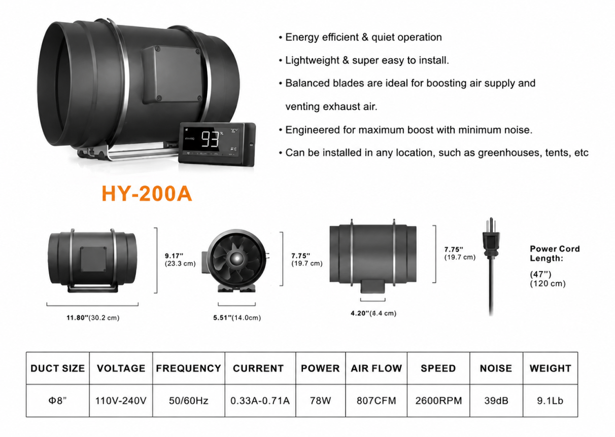 GROZY 8 inch / 200mm Intelligent Inline Fan with THC Controller Ventilation Exhaust Fan Ideal for Indoor Heating Cooling Transfer