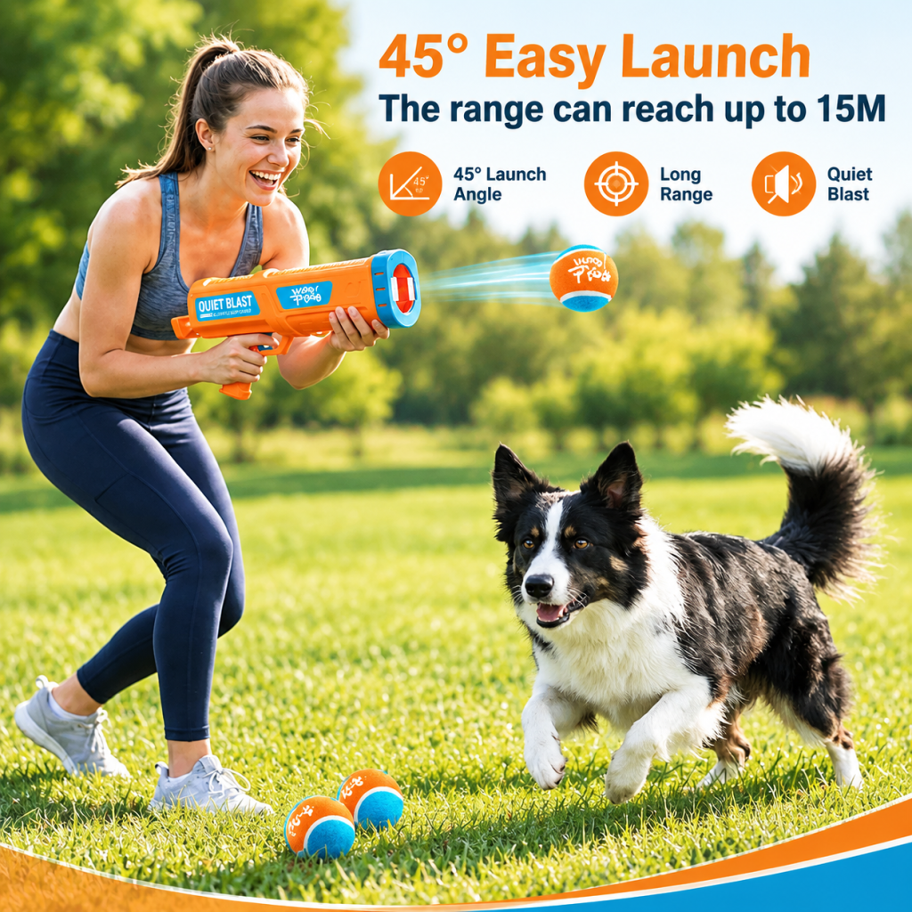 Dog Ball Launcher Blaster Shooter Gun Thrower Puppy Pet Toy Play Tennis Fetch AU