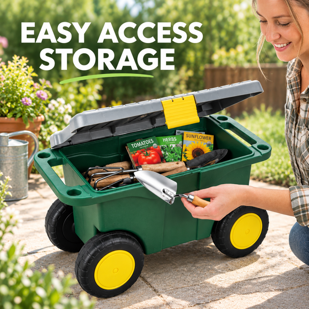Garden Tool Storage Cart Rolling Gardening Seat Box Wheels 3-In-1 Green