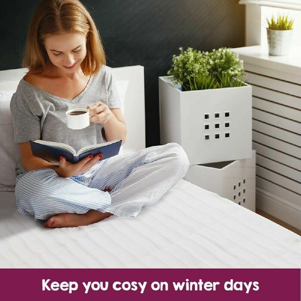 GROZY White Electric Blanket Double Sides Fleece Warm Soft Heated Under Pad Fully Fitted, Overheat Protection Adjustable 3 Heat Settings Detachable Controller Single Double Queen
