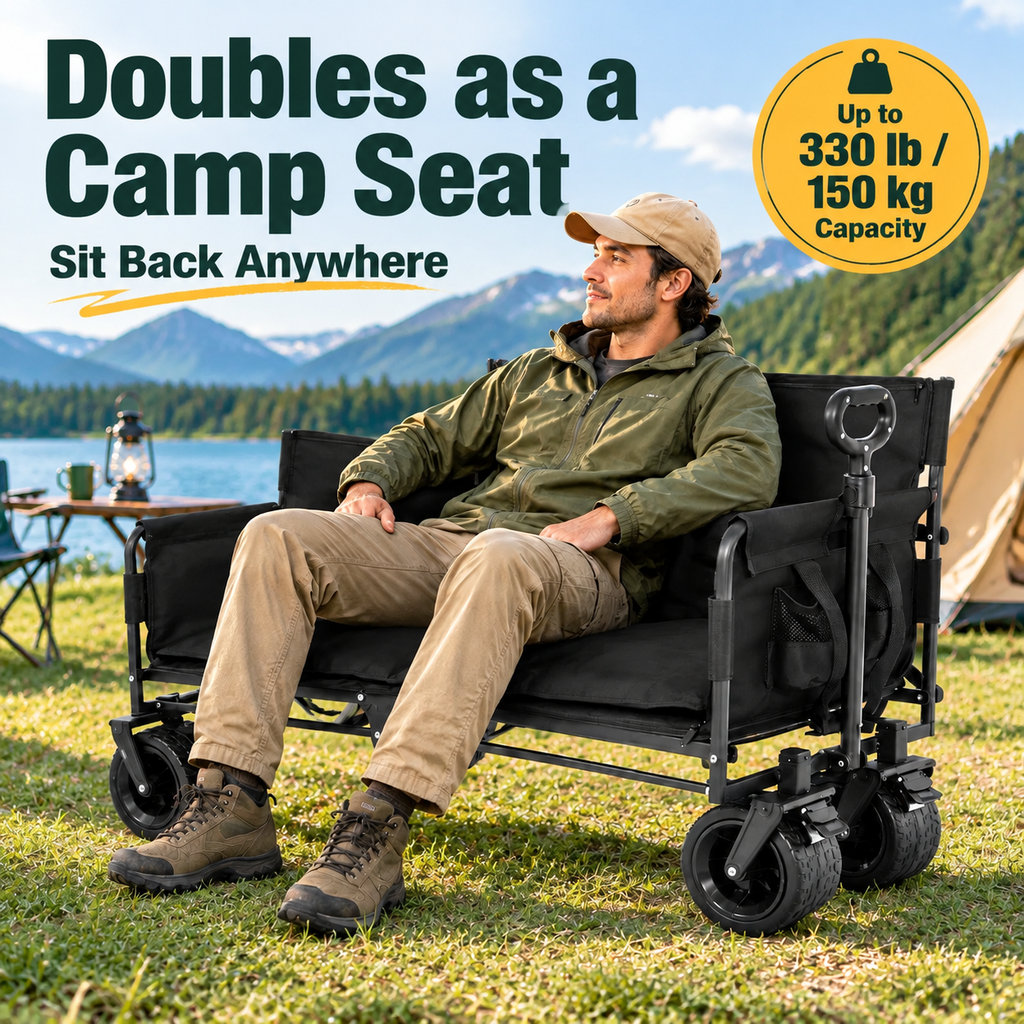 Foldable 2-in-1 Wagon Bench Seat Combo Adjustable Soft Cushions Outdoor Camping