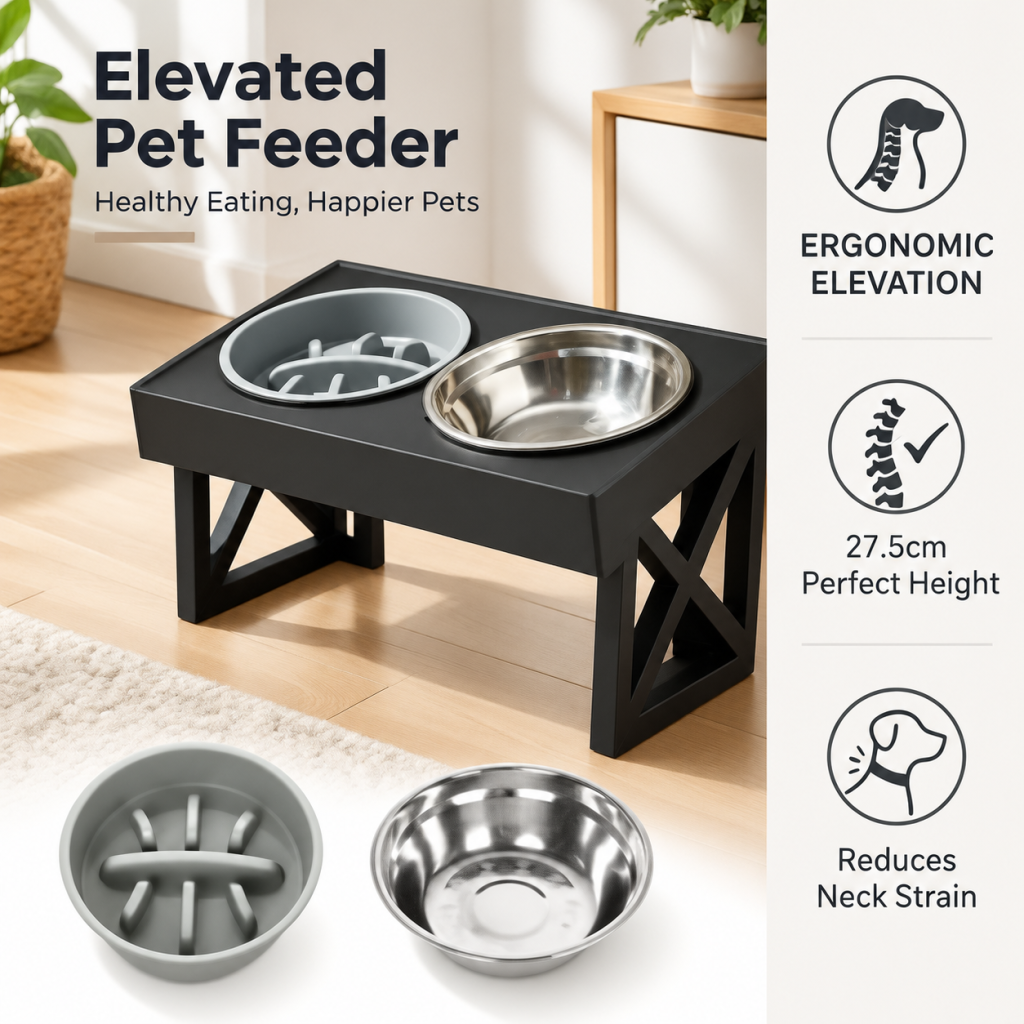 Elevated Pet Feeder Dog Cat Stand Stainless Steel Bowls Adjustable Height Base