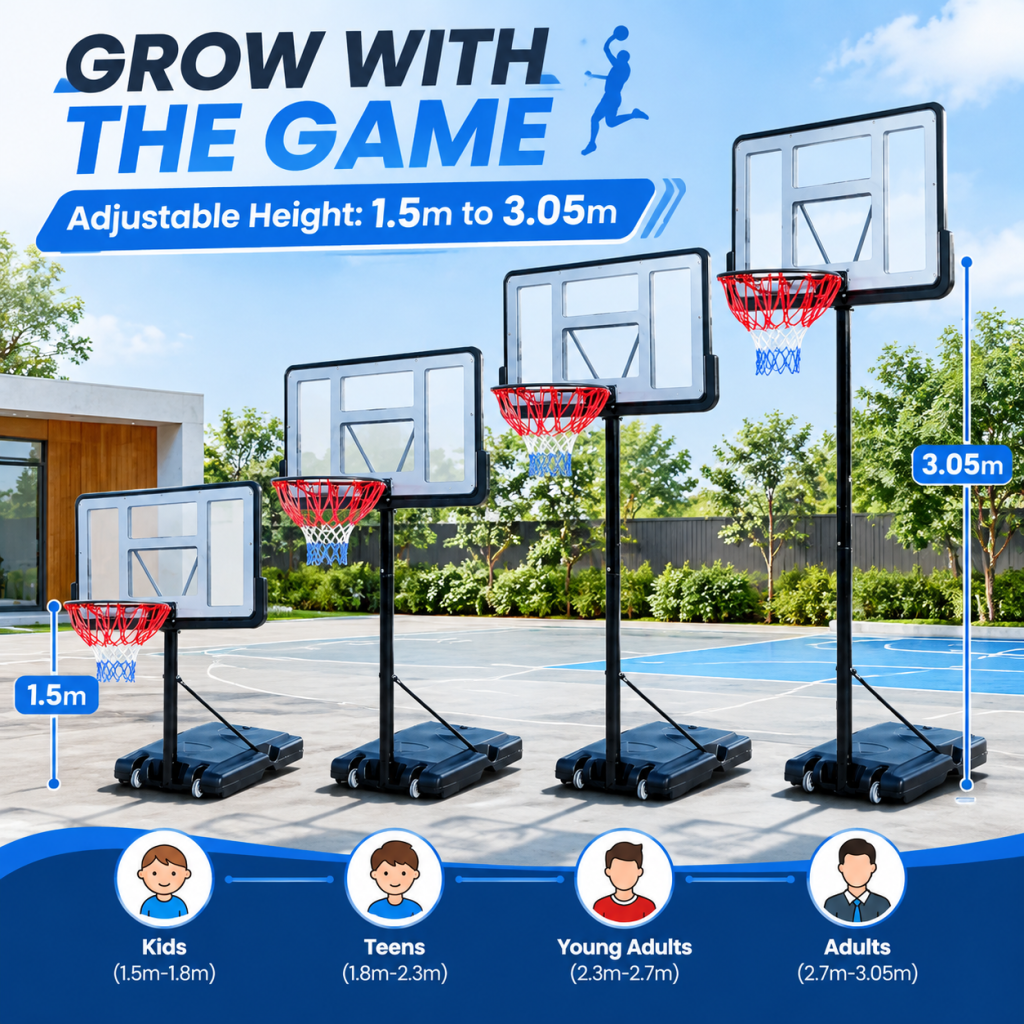 3.05M Height Adjustable Portable Basketball Hoop Stand System Durable Net Ring