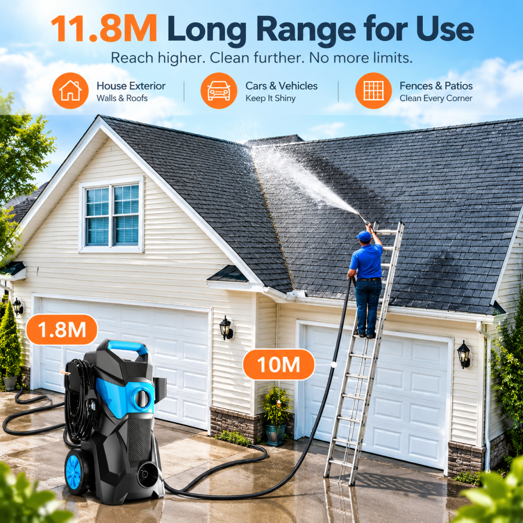 1400W Electric Pressure Washer High Power Cleaner Adjustable Spray Gun 10m Hose