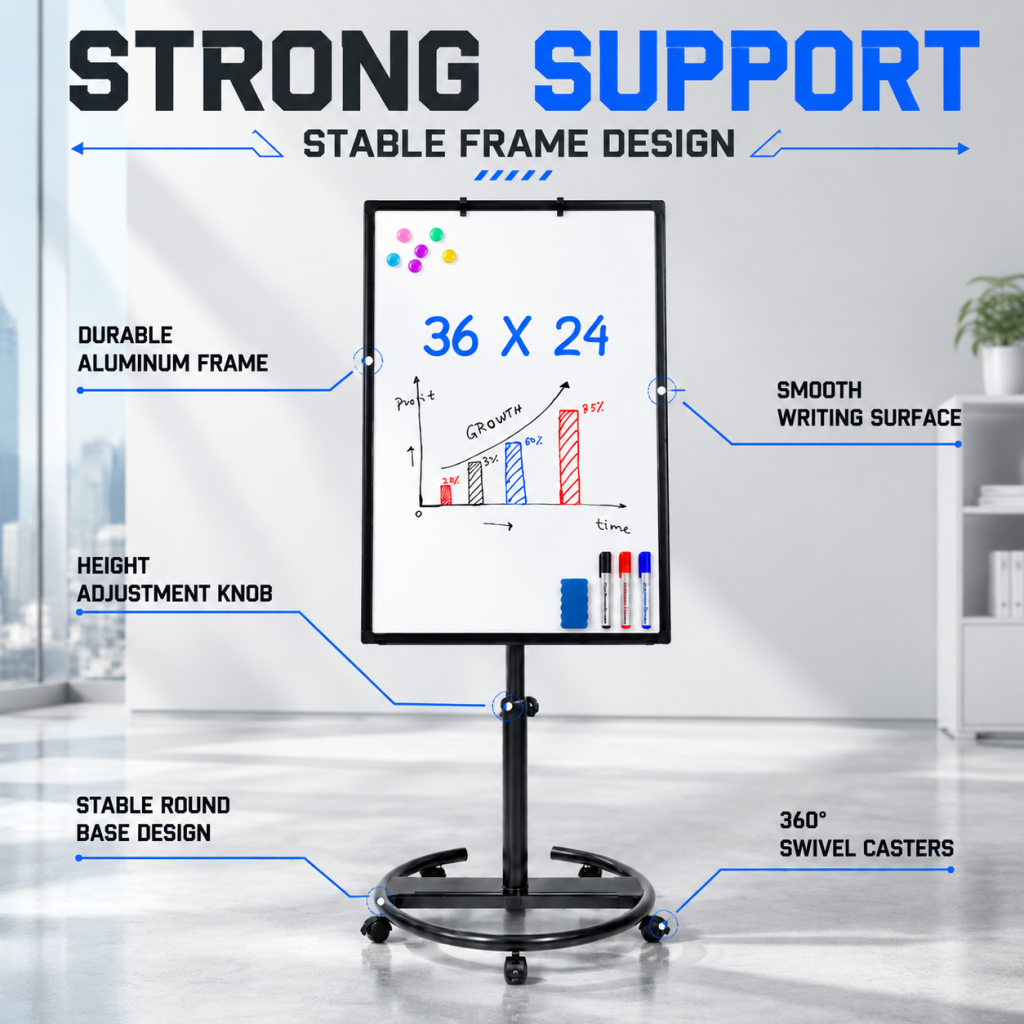 Magnetic Whiteboard Stand Rolling Round Base Adjustable Height Office Classroom
