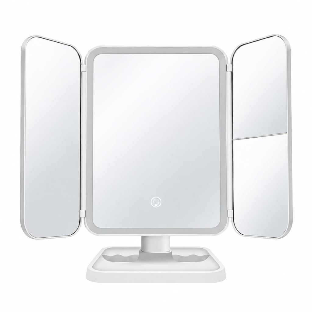 LED Light Trifold Makeup Mirror Foldable Stand 3X 5X Magnifying Portable Travel