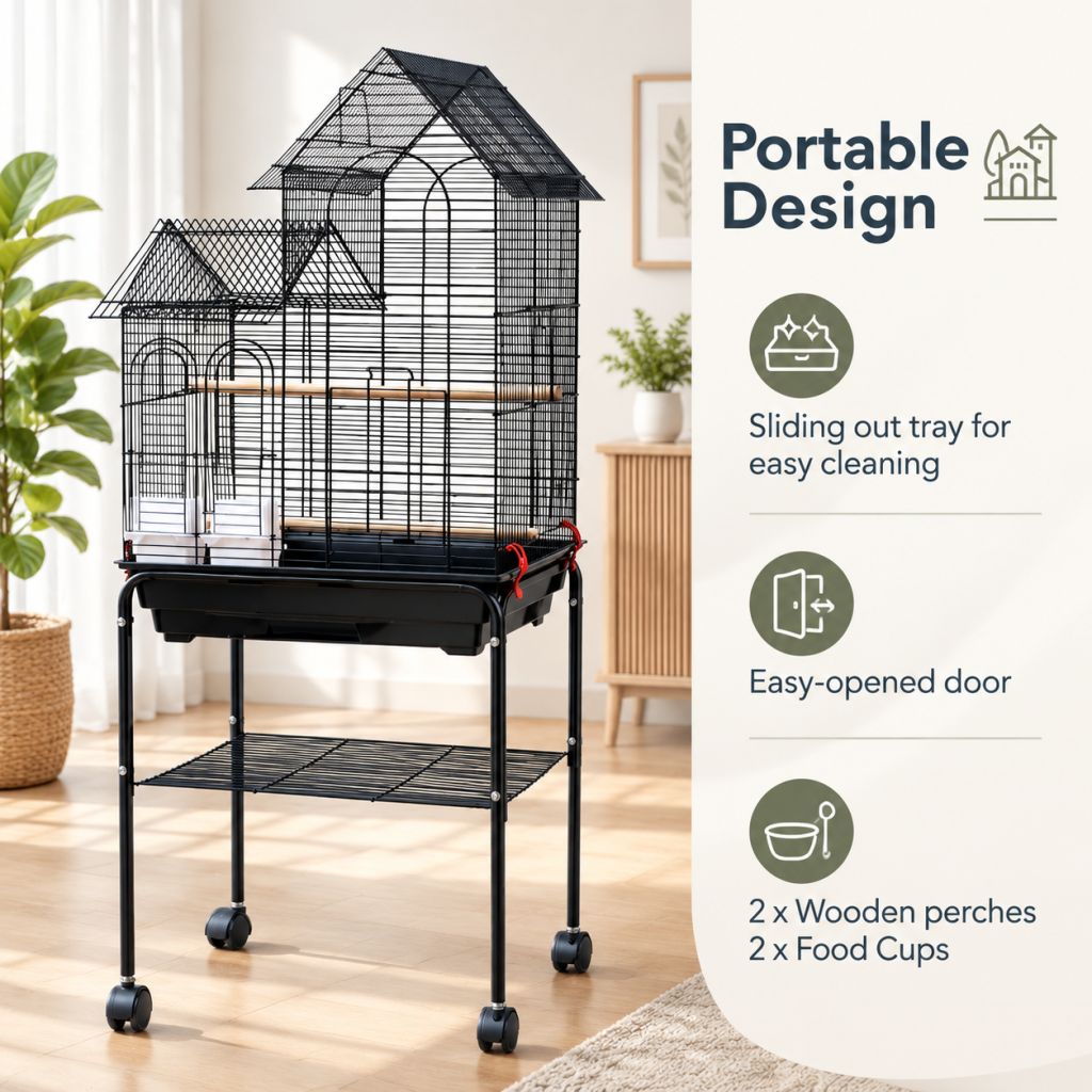 Bird Cage Cockatiel Parrot Aviary Pet Stand-alone Budgie Perch Move Wheels 126CM