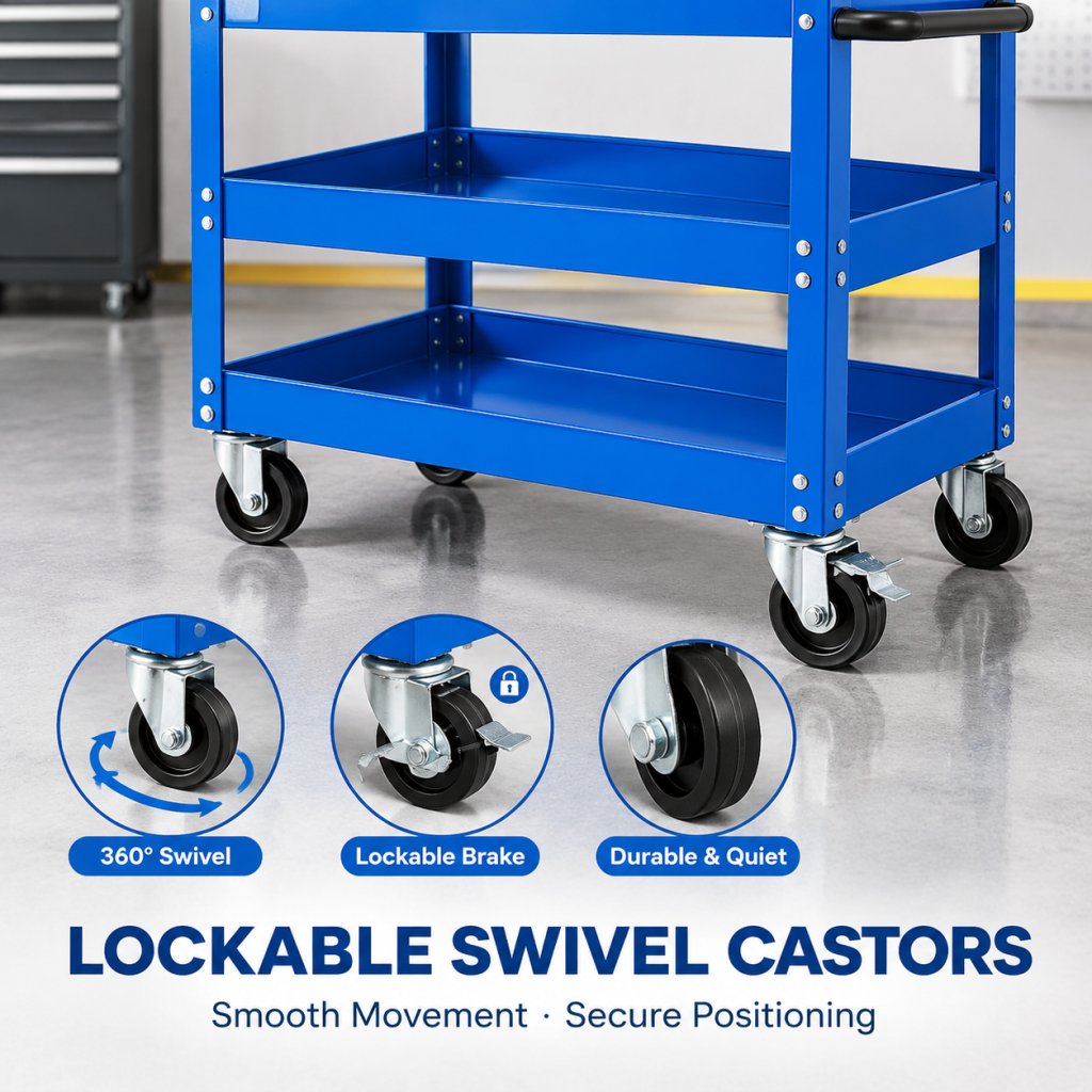 3-Tier Tool Cart Trolley Toolbox Workshop Garage Storage 150KG Organizer 360°