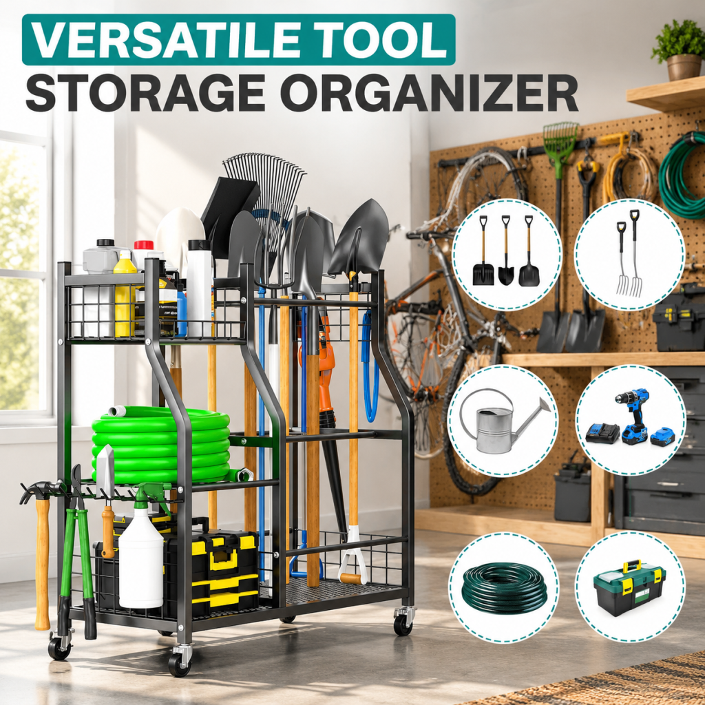 Garden Garage Tool Organizer with 4 Wheels Heavy Duty Metal Yard Storage Stand