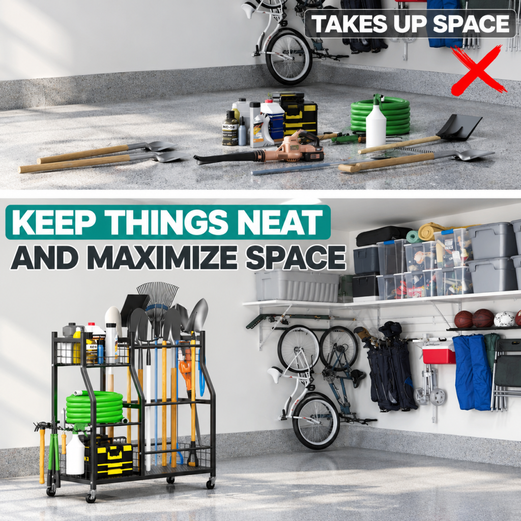 Garden Garage Tool Organizer with 4 Wheels Heavy Duty Metal Yard Storage Stand