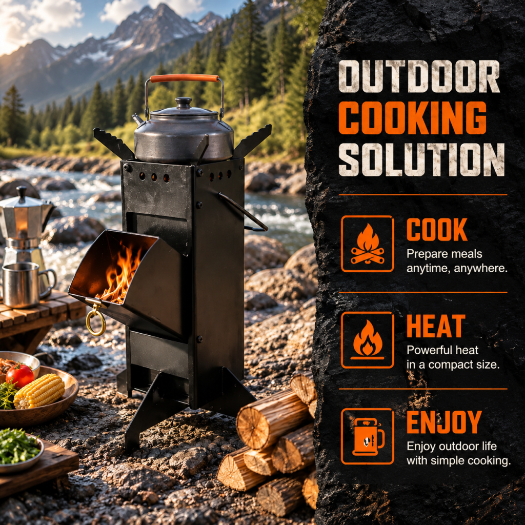 Rocket Stove Portable Wood Fire Burning Outdoor Camping Backyard Cooking BBQ