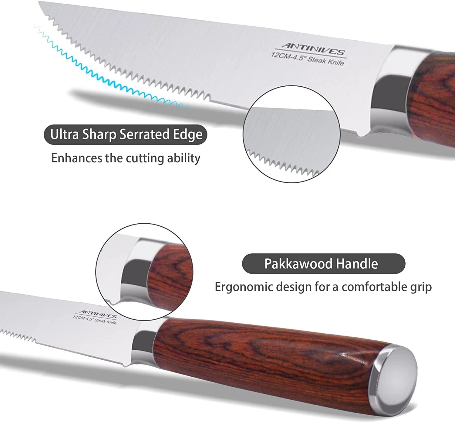 ANTINIVES Kitchen 6 Pcs Knife Set with Block Serrated Blade Knife Wooden Handle