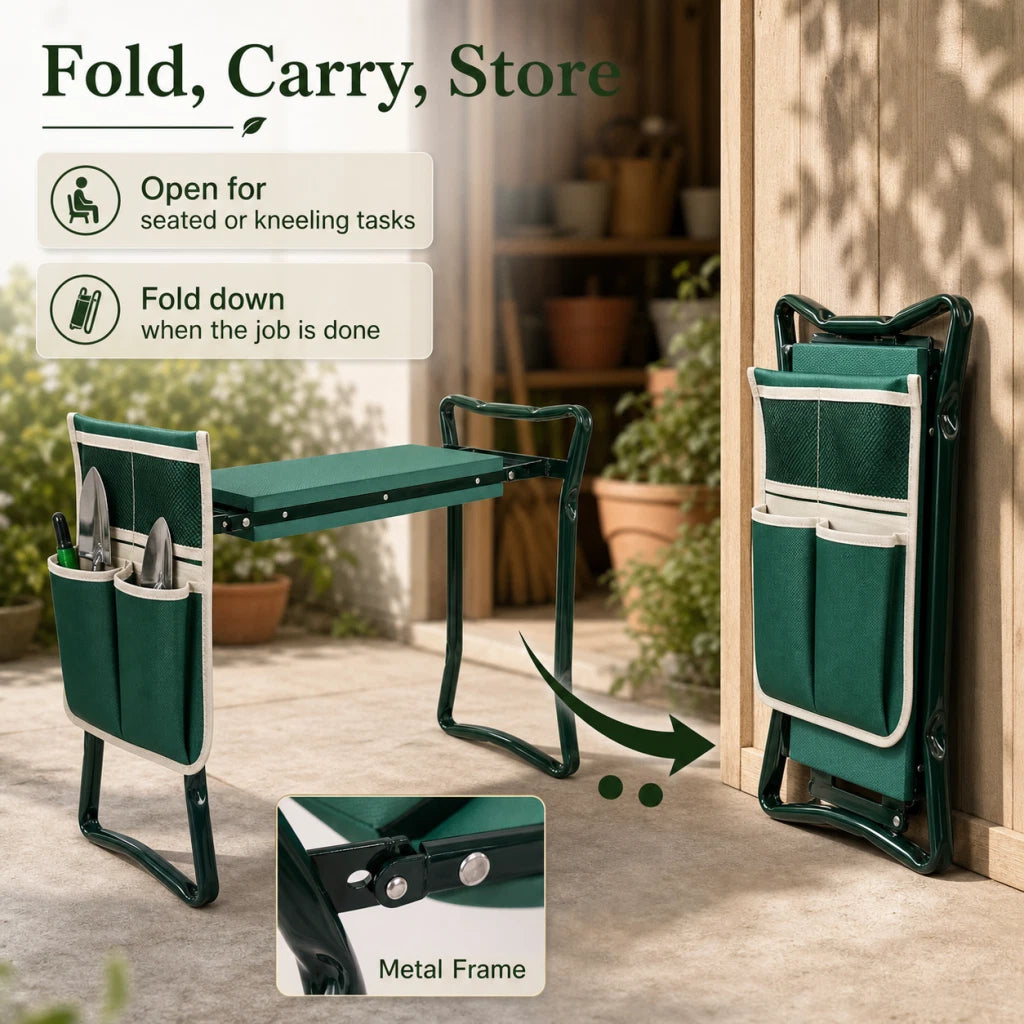 3in1 Heavy-Duty Garden Kneeler Seat Foldable Thicken Kneeling Pad 2 Tool Pouches