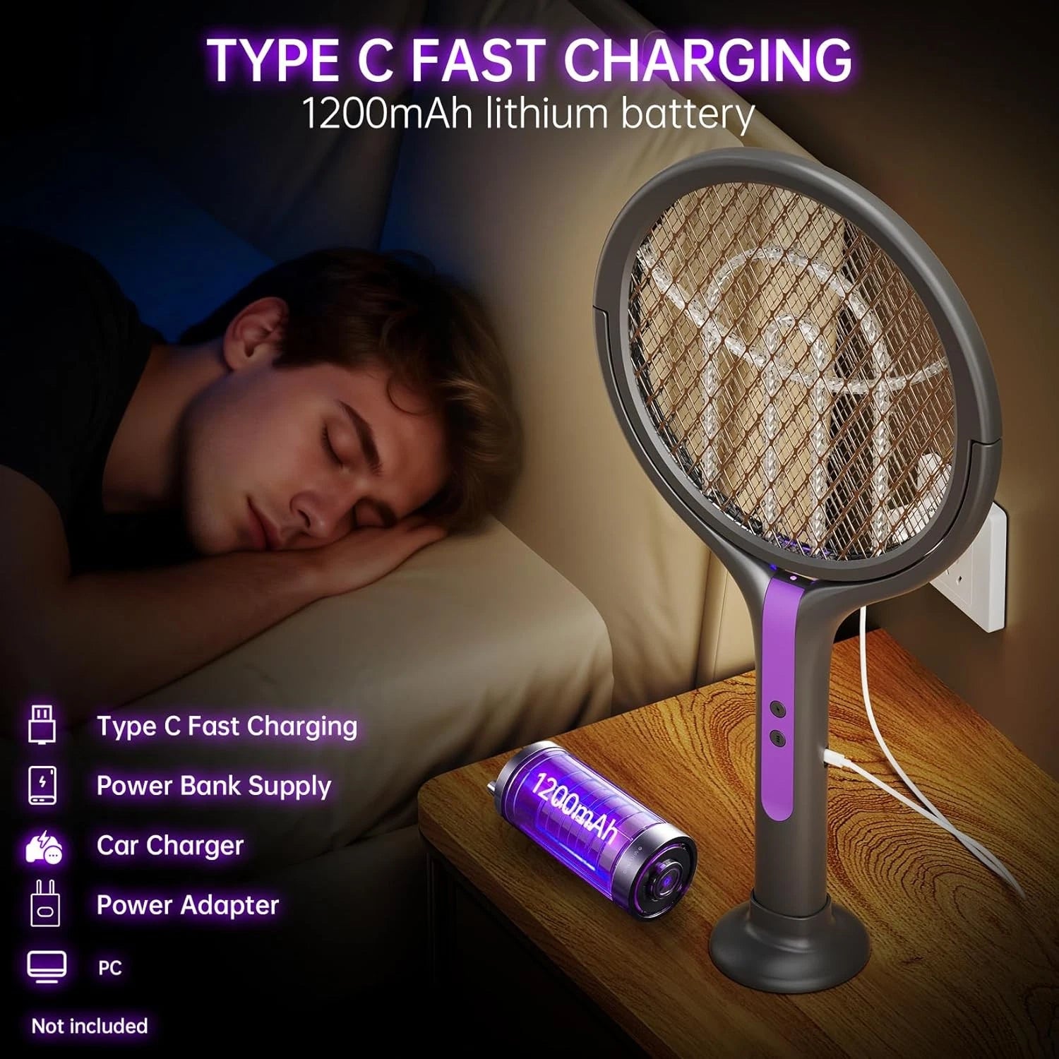 3 In 1 Electric USB Rechargable Racket Fly Swatter Mosquito Insect Killer Zapper