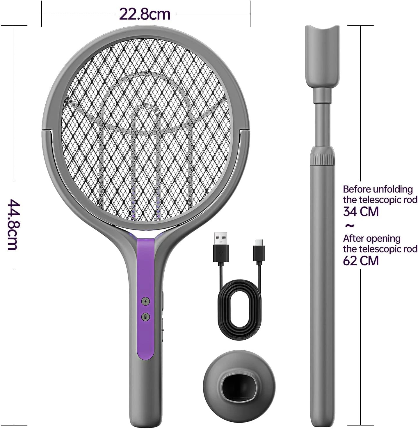 3 In 1 Electric USB Rechargable Racket Fly Swatter Mosquito Insect Killer Zapper