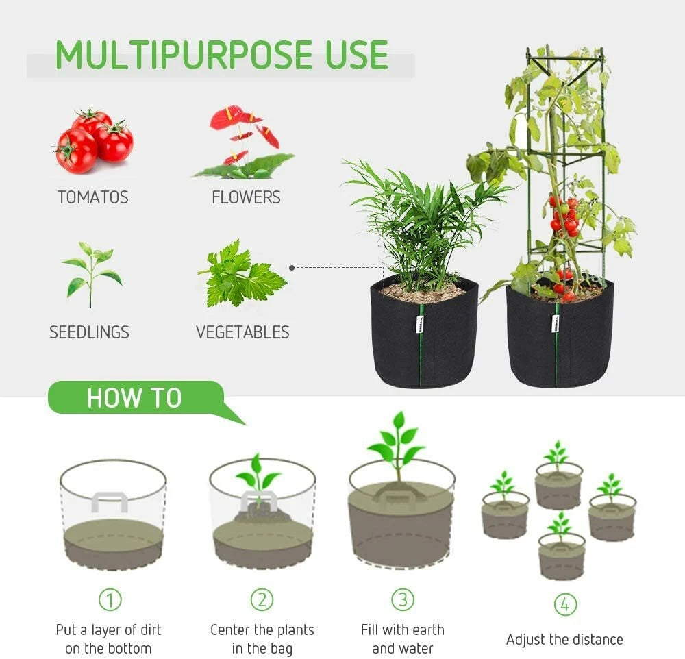 Grozy 5 Pack Fabric Pots ? Single Size Only (1/3/5/7/10 Gallon) Reusable Felt Grow Bags for Vegetables, Herbs & Hydroponics