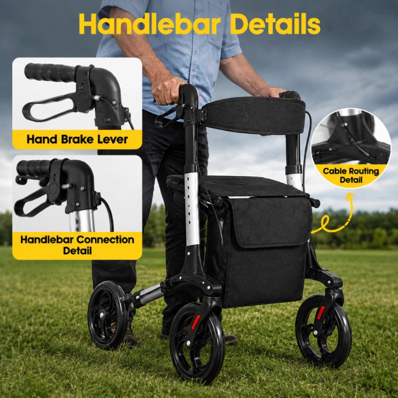 Aluminium Lightweight Rollator Walker with Seat Brakes 4 Wheel Foldable Walking