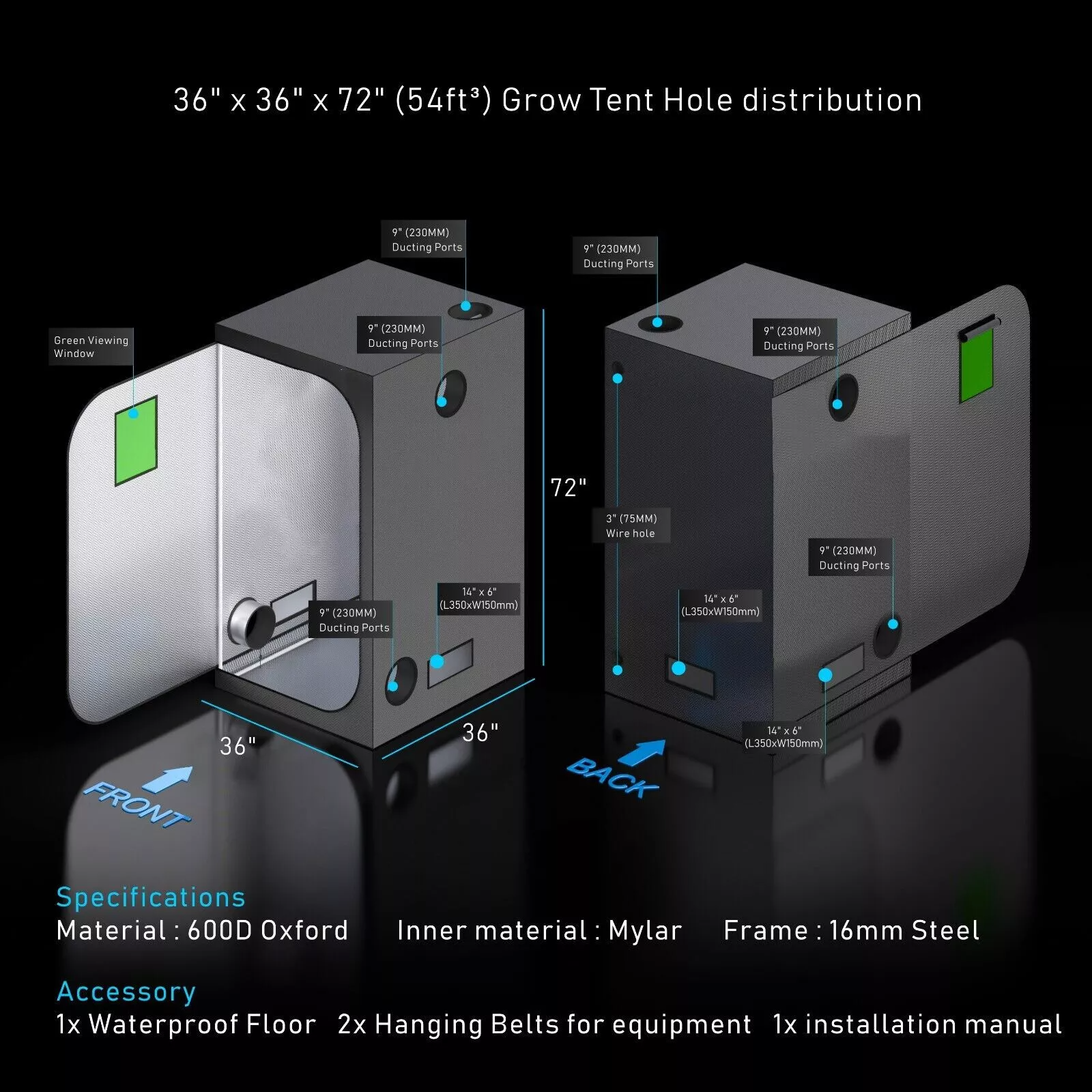 Grow Tent with Green Window for Hydroponics Indoor Plant Growing System 90*90*180CM