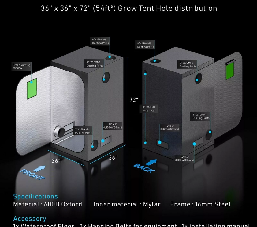 Grow Tent with Green Window for Hydroponics Indoor Plant Growing System 90*90*180CM