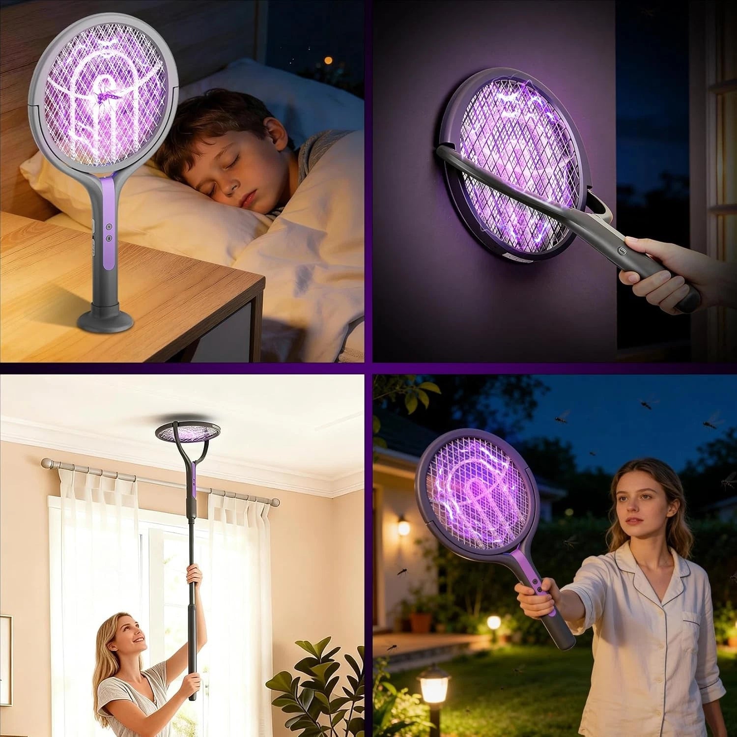 3 In 1 Electric USB Rechargable Racket Fly Swatter Mosquito Insect Killer Zapper