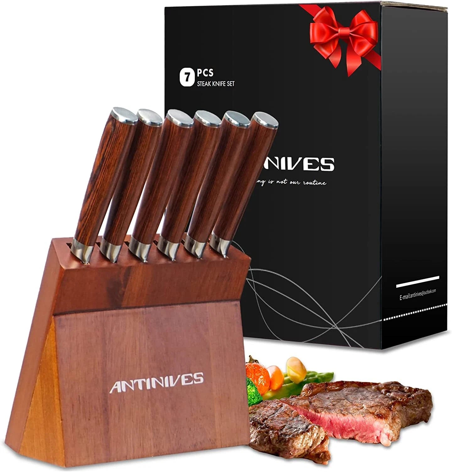 ANTINIVES Kitchen 6 Pcs Knife Set with Block Serrated Blade Knife Wooden Handle