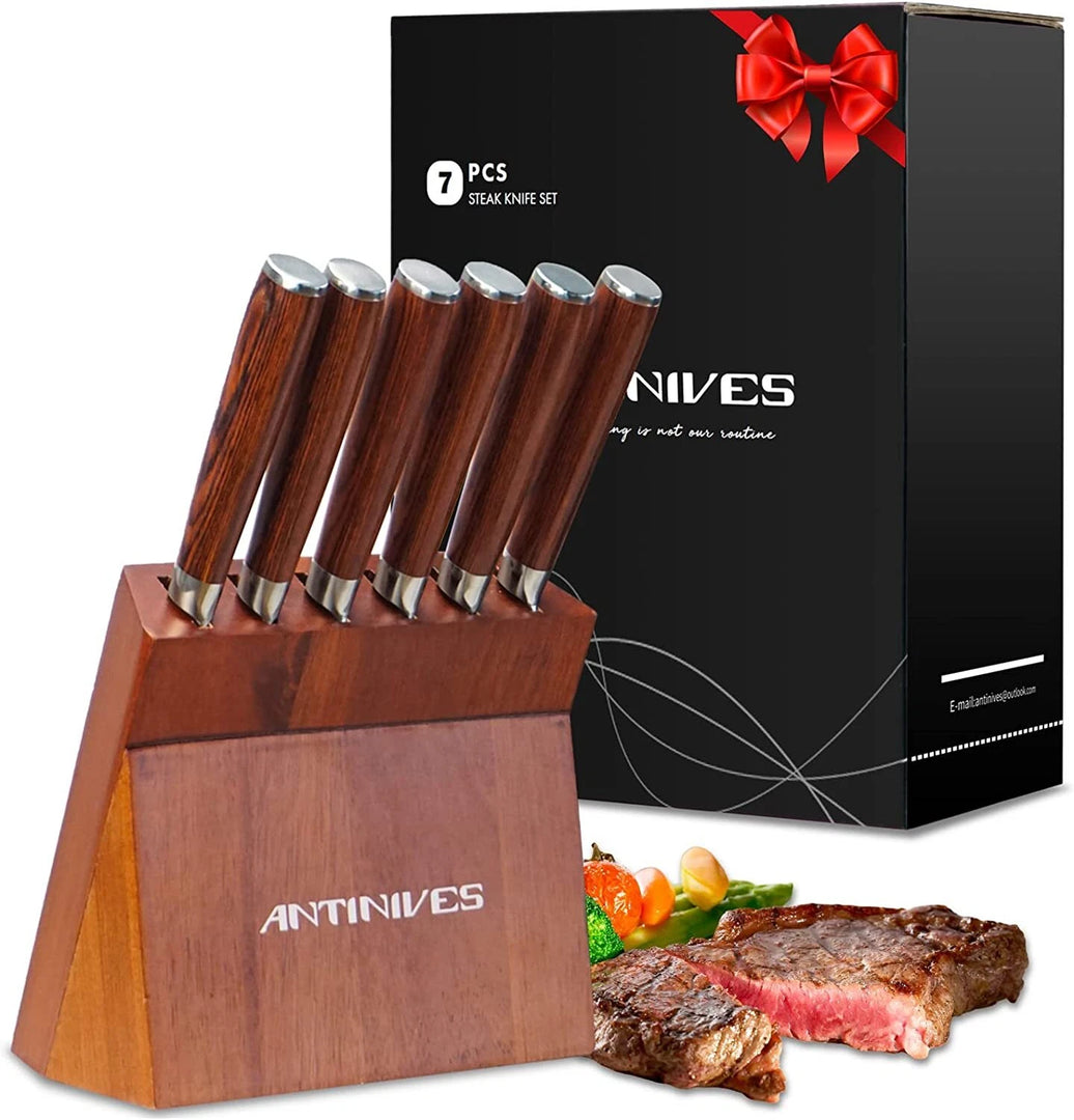 ANTINIVES Kitchen 6 Pcs Knife Set with Block Serrated Blade Knife Wooden Handle