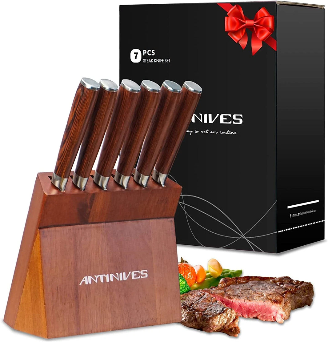 ANTINIVES Kitchen 6 Pcs Knife Set with Block Serrated Blade Knife Wooden Handle