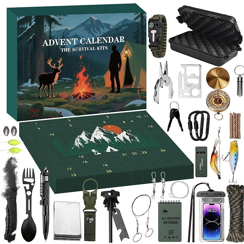 24pc Survival Advent Calendar Gift Box Outdoor Tool First Aid Kit Camping Hiking