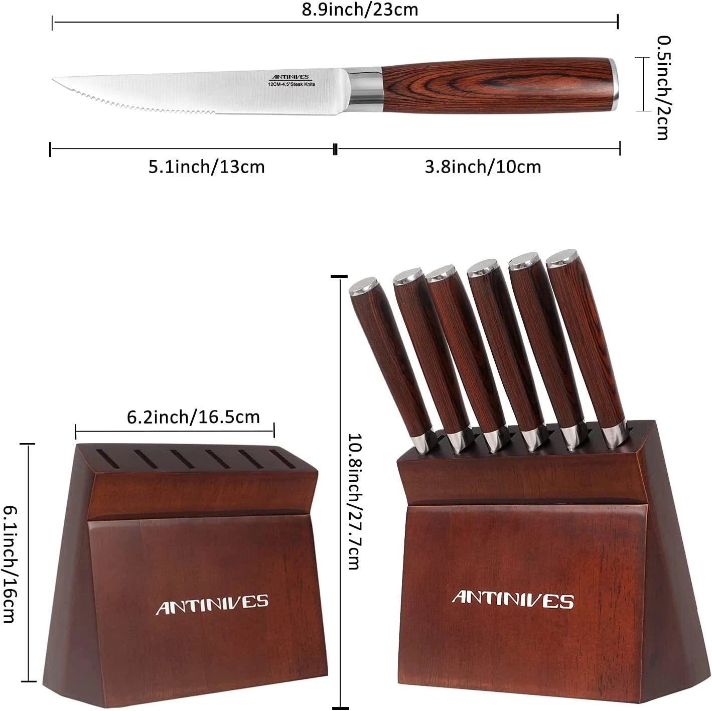 ANTINIVES Kitchen 6 Pcs Knife Set with Block Serrated Blade Knife Wooden Handle