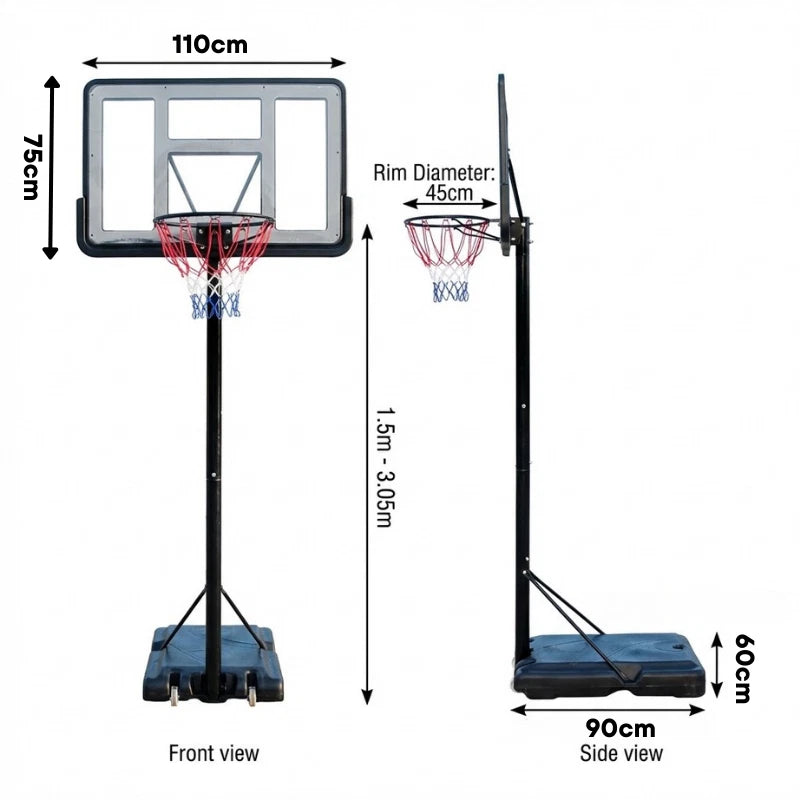 3.05M Height Adjustable Portable Basketball Hoop Stand System Durable Net Ring