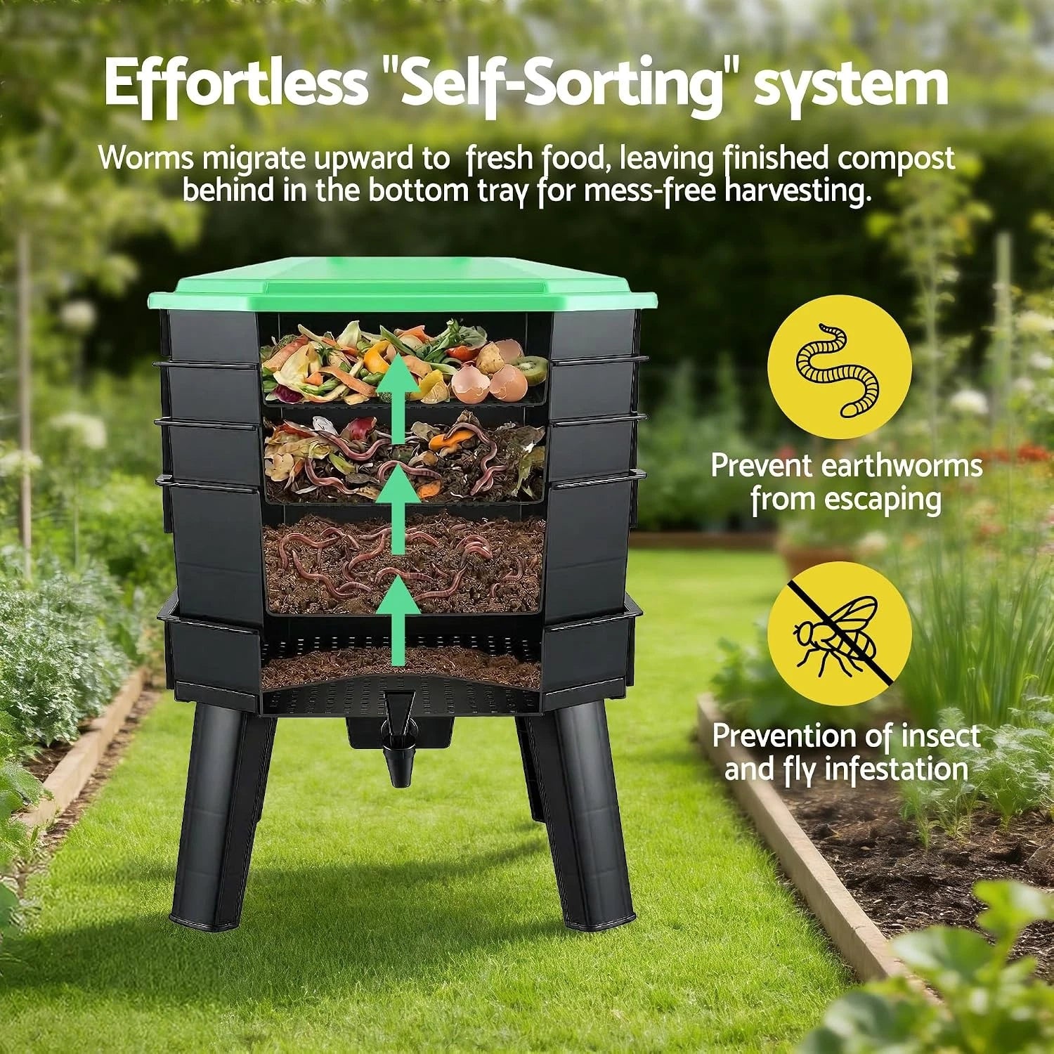 82L 4-Tray Worm Farm Compost Bin Stackable Ventilated Indoor Outdoor Home Garden