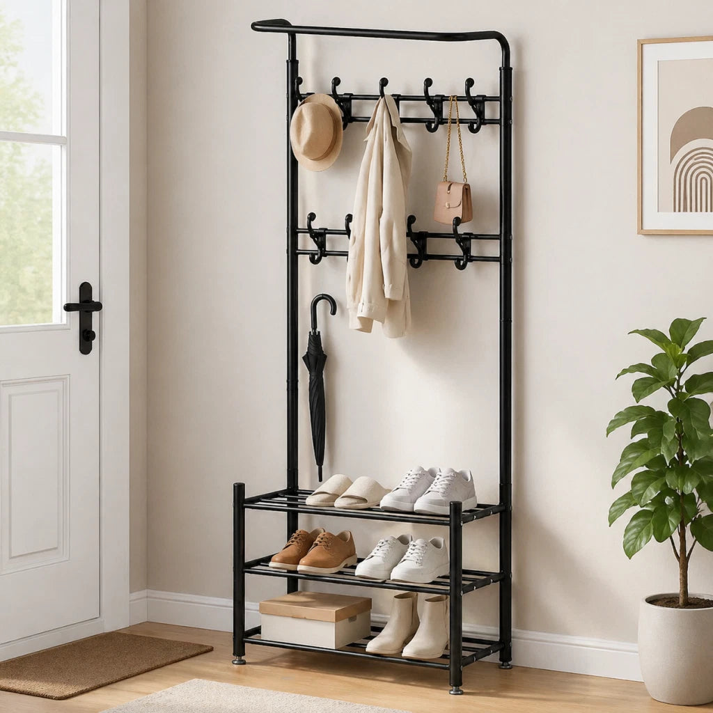 Clothes Rack Standing Airer Coat Stand Metal Hanger Rail Closet Hook Shelf 185cm