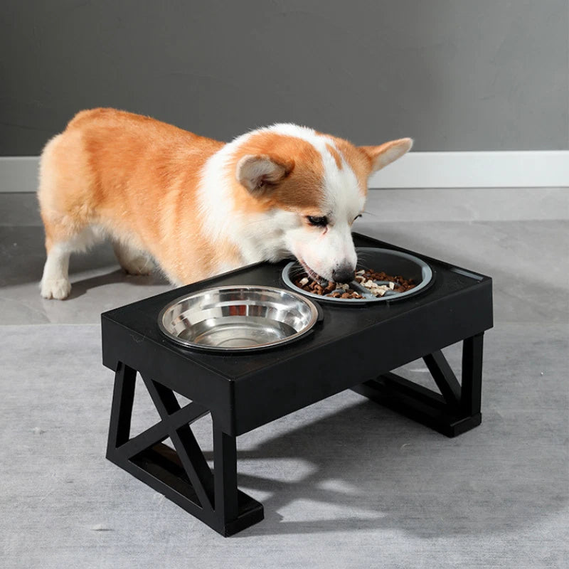Elevated Pet Feeder Dog Cat Stand Stainless Steel Bowls Adjustable Height Base