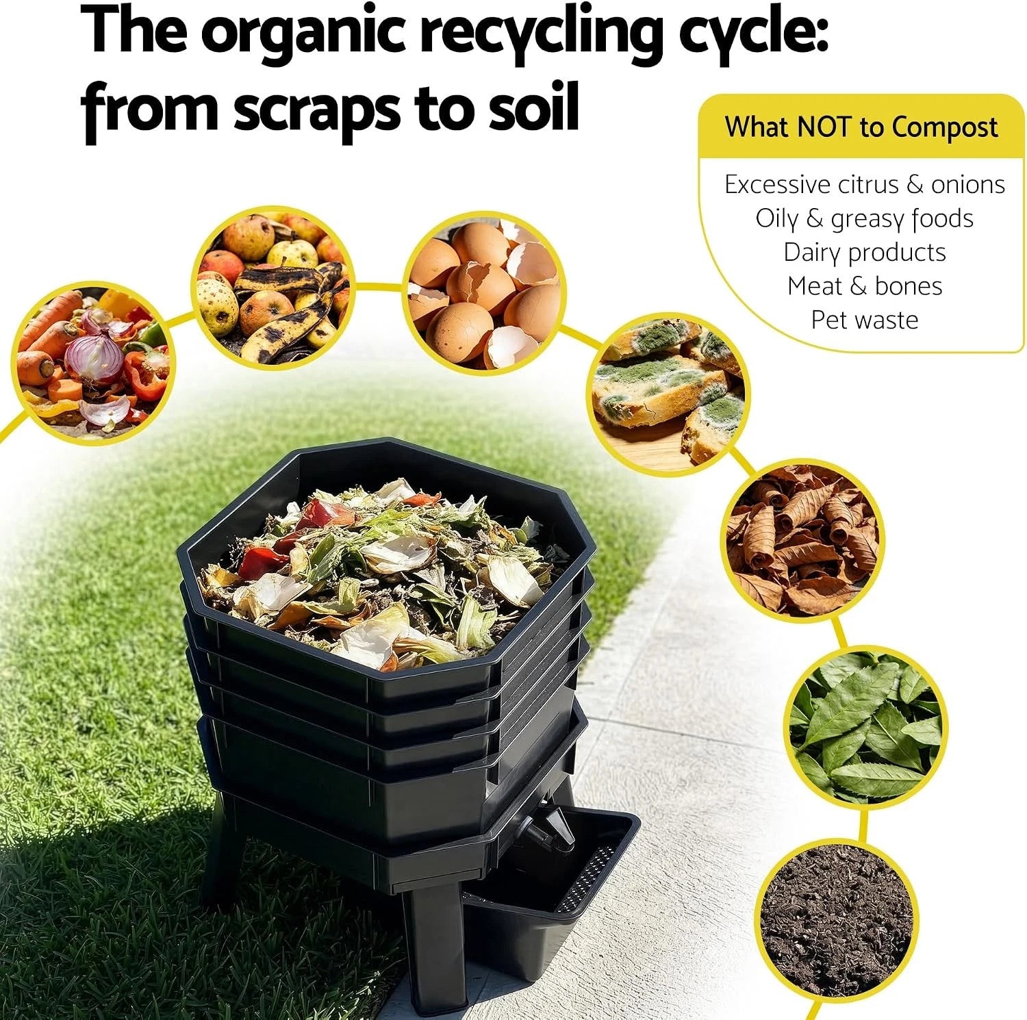 82L 4-Tray Worm Farm Compost Bin Stackable Ventilated Indoor Outdoor Home Garden