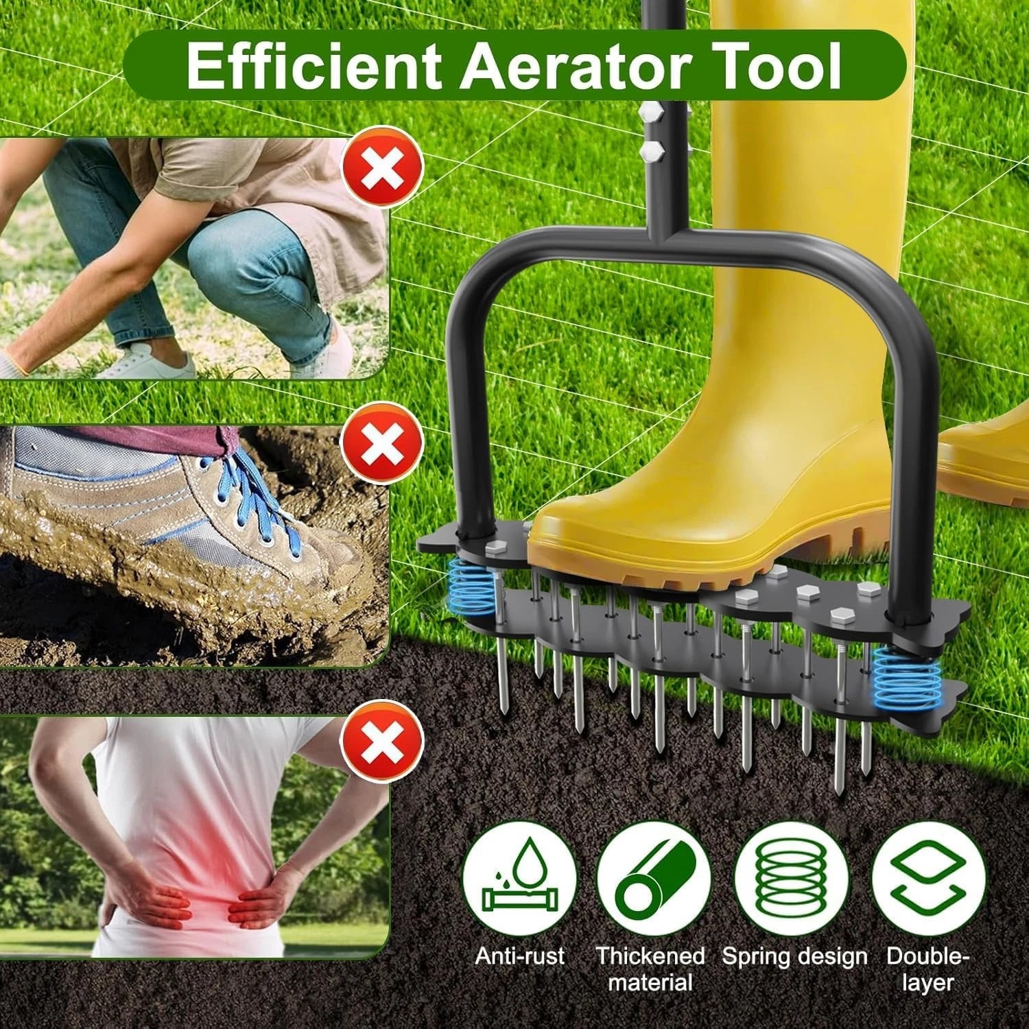 Heavy Duty Manual Iron Lawn Aerator Tool 14 Spikes Double Springs Garden Soil